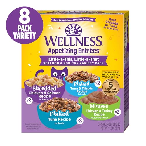 Image of Wellness Appetizing Entrees Flaked, Shredded and Mousse Variety Pack Adult Wet Cat Food, Natural, Protein-Rich, Grain Free, Seafood & Poultry Recipes, 1.4 oz, Pack of 8 Pouches