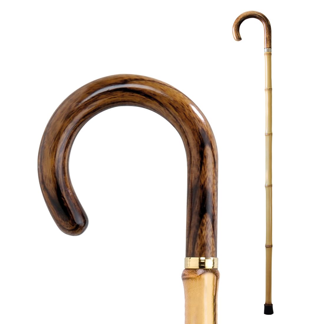 Flexor Bastón de Bambú con Puño de Madera, Puntera de Goma Ø20 mm, Altura 91,5 cm, Tonos de Madera Natural, Bastón para Movilidad