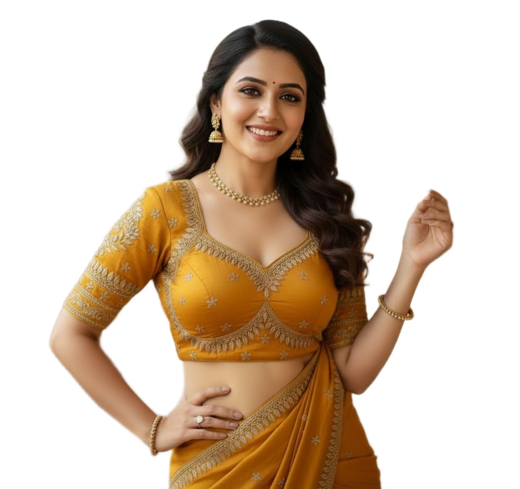 Women Half Sleeve Cotton Blend Yellow Free Sized Stitched Blouse (READUBLOUSE Work Mustard)-image-12