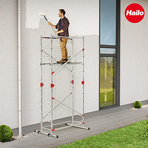 Hailo G60 Alu Multifunktionsgerüst - 2 x 12 Sprossen belastbar bis 150 kg/m2 - Plattform mit Durchstiegsluke - fahrbares Alu Gerüst - verwendbar als Anlegeleiter, Doppelleiter, Baugerüst - Silber