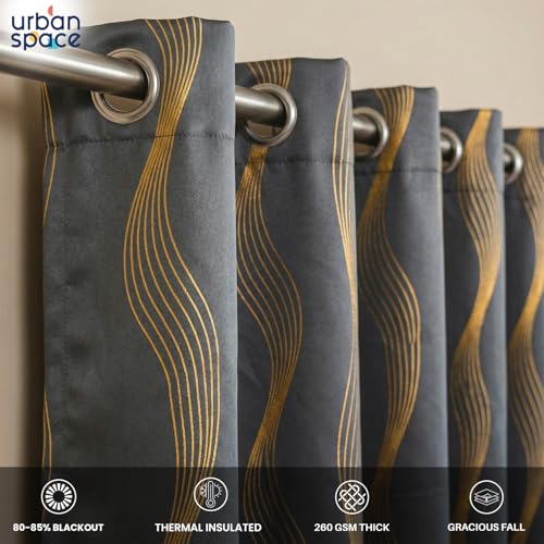 Image of Urban Space 80-85% True Blackout Curtains for Door, Gold Foil Printed Blackout Curtains, Decorative Door Curtain Eyelet with Tieback, 1 Piece Curtain for Living Room(Double Wave Stone Grey, 8 Feet)