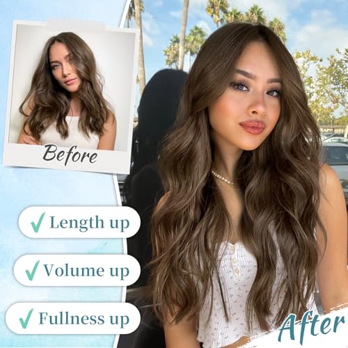 Image of Wavy Thick Clip in Hair Extensions 20 inch Medium Brown | 4 Pieces Clip in Extensions,Fiber Double Weft Hairpieces,Natural Volume,Beach Wave Long Synthetic Hairpieces for Women