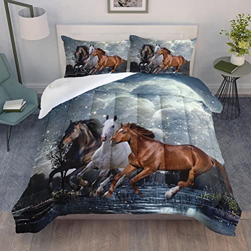 Ailonen Horses Comforter Set Full Size, Evening Running Horses 3D Printed Bedding Set Decor,Animal Theme Soft And Lightweight Quilt Set For Teens Boys Girls 3Pcs (1 Comforter+ 2 Pillowcases) #TOP10