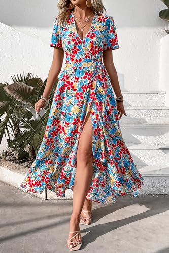 Image of PRETTYGARDEN Women's Summer Wrap Maxi Dress Casual Boho Floral V Neck Short Sleeve Ruffle Hem Split Beach Long Dresses