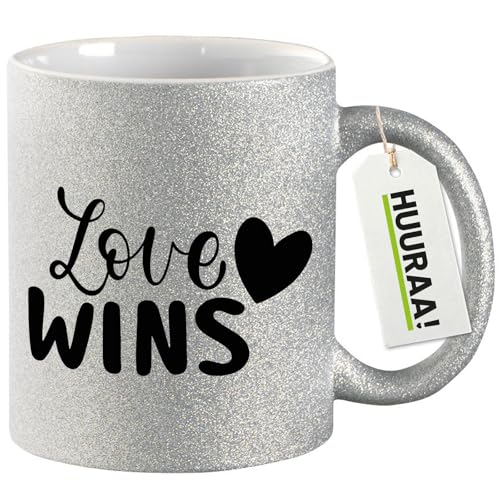 Huuraa Glitzer Tasse Love wins Herz Geschenk 330ml Silber Love wins Präsent