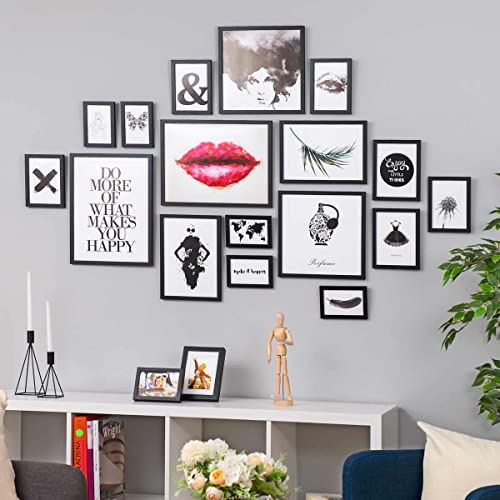 PHOTOLINI schwarze Bilderrahmen Set verschiedene Größen, 17 Bilderrahmen schwarz Holz MDF, Bilder Rahmen mit Acrylglas, Bilderrahmenset zum Aufhängen, Fotorahmen Set mit Zubehör für Fotos & Poster