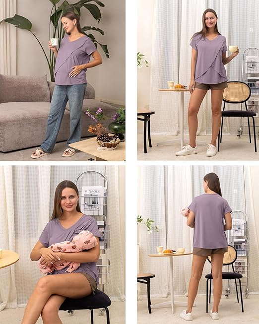 KIKWIT Maternity Feeding Tops Without Zip for Women, Feeding Coverup Pregnancy Tshirt,Feeding T-Shirt for Easy Nursing & Breastfeeding, Maternity Top for Mothers (in, Alpha, L, Regular, Lavender) - Image 2 thumbnail