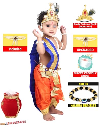 Image of Raj Fancy Dresses Shri Krishna Dress for Baby Boy & Girl, Janmashtmi Dress with Diaper-friendly Dhoti & Dupatta, Mor Pankh Mukut