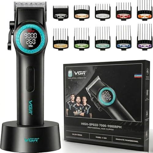 Image of VGR V- 001 Ultra Premium 7000-9000RPM Professional hair clipper Taper lever 5 Level 10x combs 4600MAH battery adapter charging base 21-level speed change Digital display LED light 300 Min, BLUE
