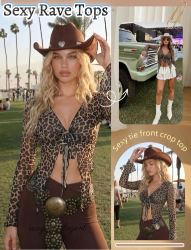 Image of Avidlove Women Mesh Crop Top Y2K Tie Front Tops Rave Top Sheer Cardigan Sexy V Neck Outfits S-2XL