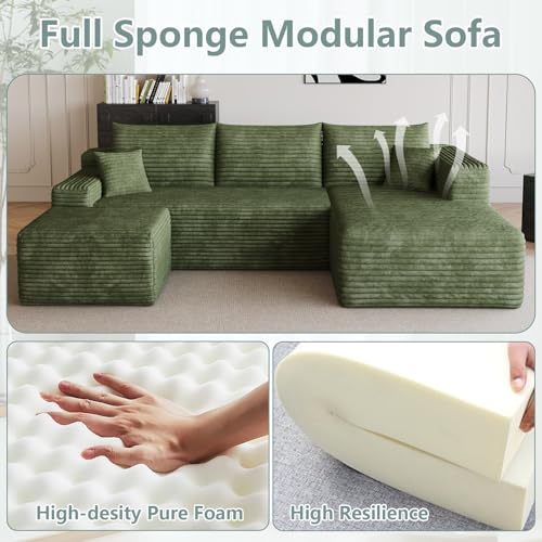 Image of 95 inch Modular Sectional Sofa with Ottoman, Modern Corduroy Cloud Couch with Deep Seat, Boneless Couch Upholstered 3-Seater U-Shaped Sofa for Living Room, No Assembly (Green,Right-Facing Chaise)