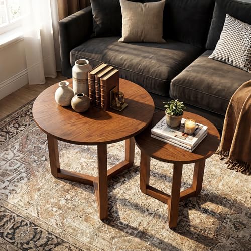 Giantex Round Nesting Coffee Table Set of 2 Wood Nesting End Tables with Thickened Top & Solid Rubber Wood Legs Farmhouse Sofa Side Table for Small Spaces Living Room Bedroom (Walnut)