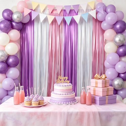 Image of TONIFUL 2Pcs Iridescent Purple White Pink Metallic Foil Fringe Curtain | 3.3ftx6.6ft Photo Booth Backdrop Tinsel Door Streamer, Props for Bachelorette Girls'Dreamy Birthday New Year Decorations
