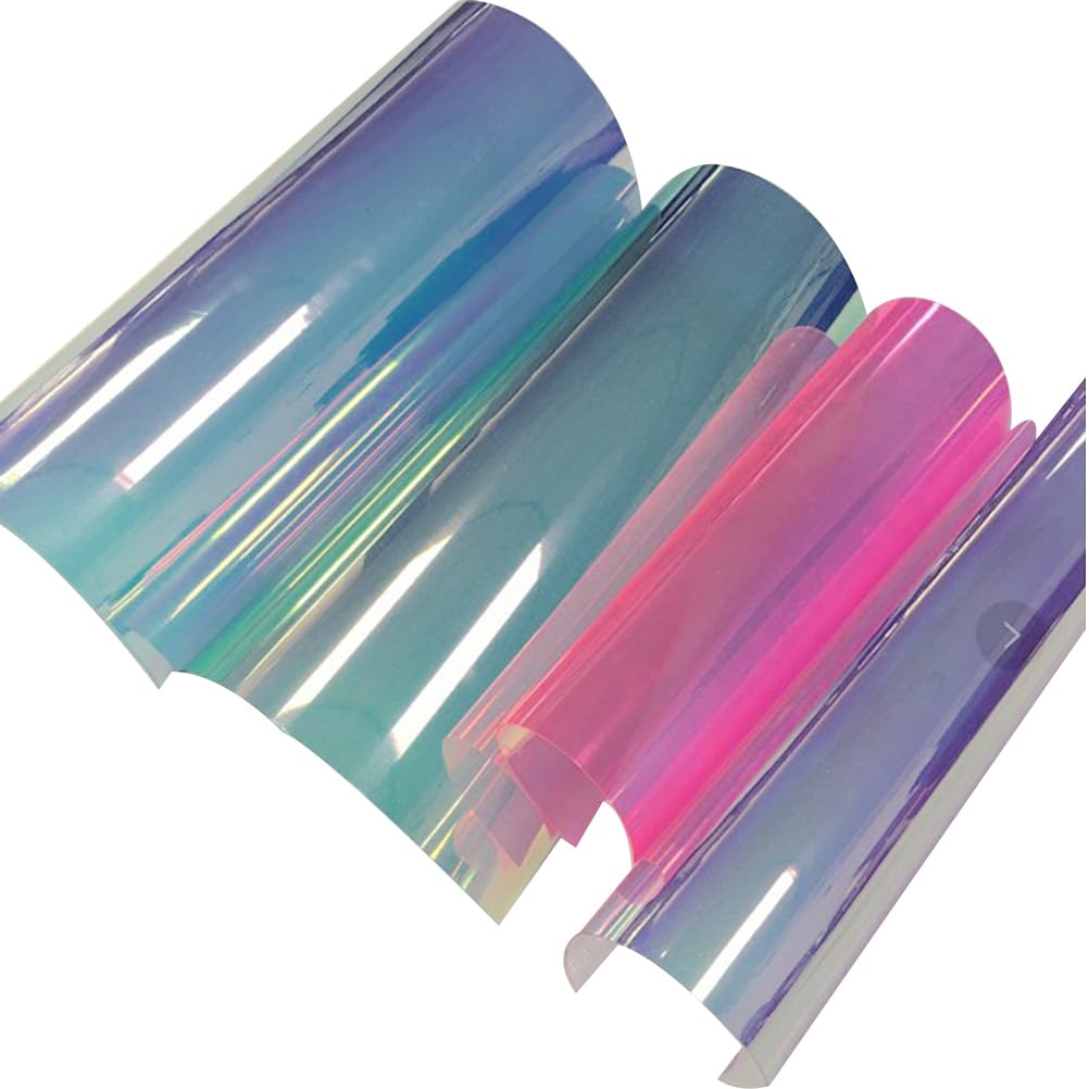 Supvox Assorted Color A4 Transparent Rainbow Film 4 Sheets 12X8in Pvc Holographic Glitter Sheets For Diy Crafts Handbags Hair Bows Home Decor Events