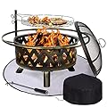 UDPATIO Fire Pit for Outside 30 Inch with Cover & Mat Outdoor Wood Burning Firepit Large Steel Firepit Bowl with Removable Cooking Swivel BBQ Grill