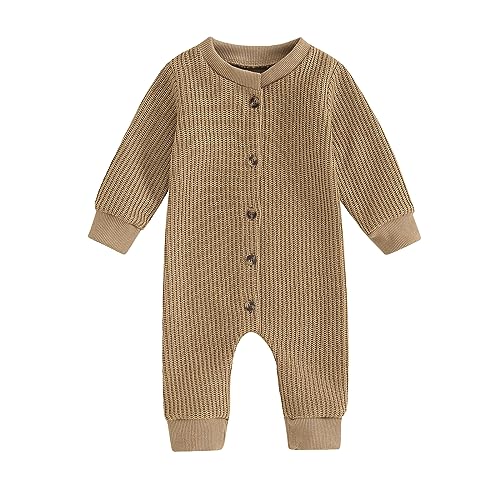 Image of Ynibbim Winter Newborn Baby Boy Girl Solid Romper Unisex Infants Hooded Outfit Clothes Waffle Cotton Button Jumpsuits