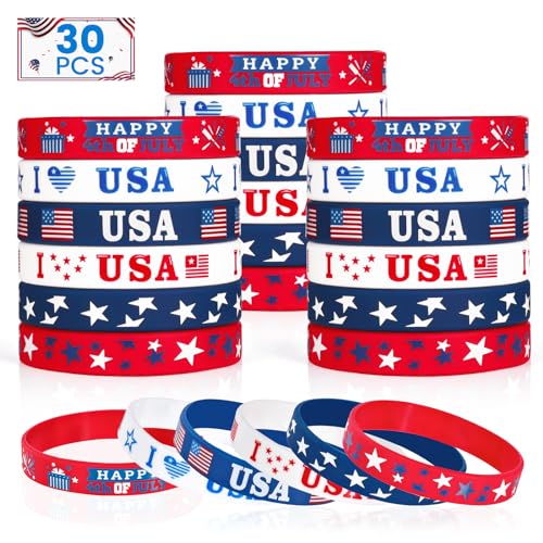 4th of July Party Favors Rubber Bracelets 30PCS USA American Flag Red White and Blue Silicone Wristbands for Kids Independence Day Party Fourth of July Patriotic Classroom Prizes Gifts Accessories