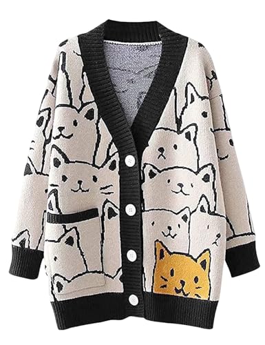Yimoon Women's Kawaii Cat Cardigan Sweater Oversized V-Neck Button Down Knitted Loose Fit Cardigans
