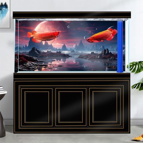 Image of 24X12IN Cosmic Spaceterrarium Background, Cool Parallel Space Themed Aquarium Reptile Habitat Background, Red Moon Aquarium Background with 10EVA Double-Sided Tape