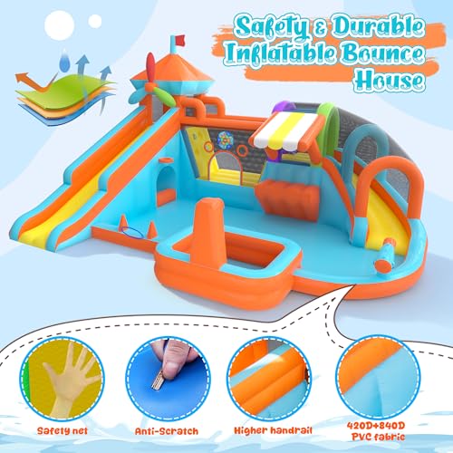 17.5×13 FT 12 in 1 Inflatable Bounce House for Kids with Double Slide, 750W Blower, Toy Stand, Jumping, Climbing Wall, Water Gun, Splash Pool, Tunnel, Basketball, Indoor, Outdoor, Orange - Image 5