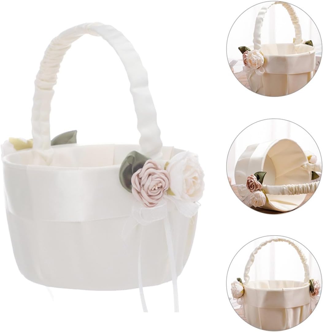 Wedding Flower Girl Basket Set with Satin Bowknot and Lace, Blue Ring Pillow and Handheld Flower Basket for Wedding Party Ceremony Supplies