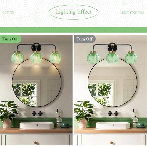 Image of Bathroom Light Fixtures Vanity Wall 3-Light Coastal Vanity Lights Emerald Green Vintage Wall Lamp with Glass Globe Shade Modern Glass Wall Vanity Lighting for Mirror Kitchen Cabinet
