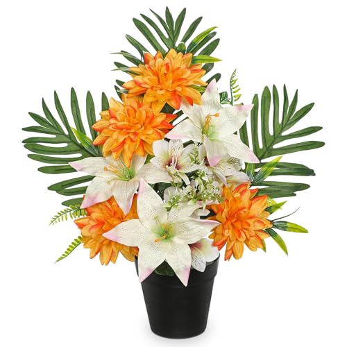 Oairse Fleurs artificielles en pot pour cimetière - Arrangement funéraire - 48 cm - Lys et Dahlia...