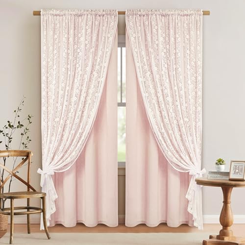 ASPMIZ Linen Pink Curtains for Bedroom Double Layered Boho Curtain 63 Inch Length Farmhouse Rod Pocket Curtains & Drapes with Tiebacks Light Filtering Curtain for Living Room 52 x 63 Inch 2PCS