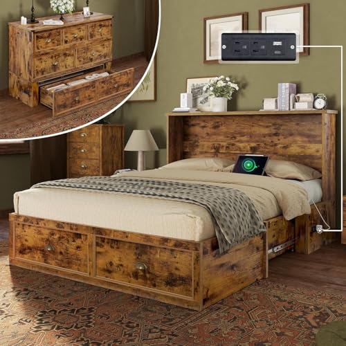 AMERLIFE Full Size Murphy Bed, Farmhouse Wooden Cabinet with Charging Station and Storage Drawer for Bedroom/Office/Guest Room, Rustic Brown