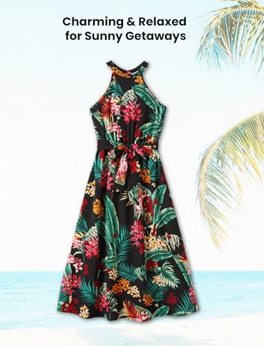 Image of PATPAT Family Hawaiian Matching Outfits - Mommy and Me Vacation Outfits | Halter Sundresses and Button Down Shirts,Caribbean Vacation Summer Tropical Outfits,Hawaiian Boho Tropical Floral Printed