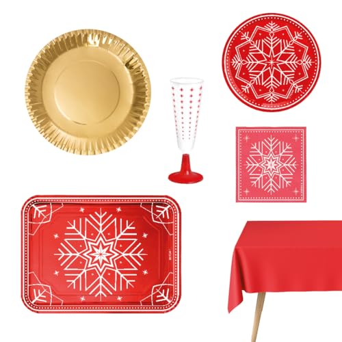 OH YEAH - Kit Vajilla Navidad 12 Personas Copo Nieve Rojo - 78 Piezas - Platos, Vasos, y Servilletas Desechables - Temática Navideña - Cenas Navideñas, Reuniones Familiares y Fiestas de Fin de Año