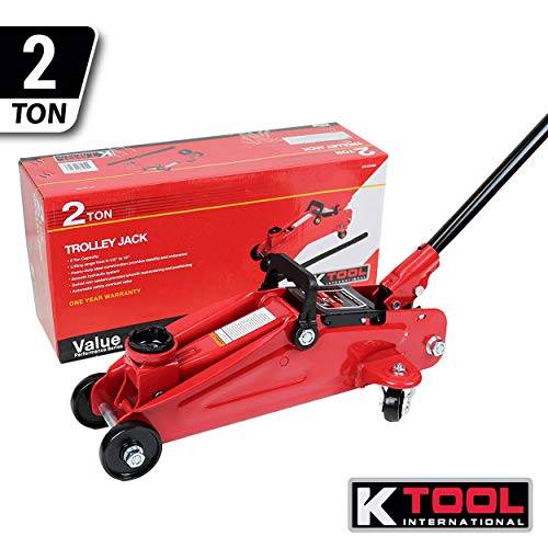 K Tool International 63103A 2 Ton Automotive Trolley Floor Jack For Garages, Repair Shops, And Diy, Portable, Compact, 4,000 Lbs. Capacity, Hydraulic Lifting Range 5.125" - 13", Heavy Duty Steel, Red #TOP1