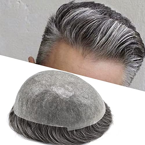 Mens Toupee Human Hair Piece Men Ultra Thin Skin Toupee For Men V-looped Toupee Men Hair System Hairpieces For Men Black Grey (8''X10''-90% light to light medium density, 1B50#1B Off Black+50% Grey)
