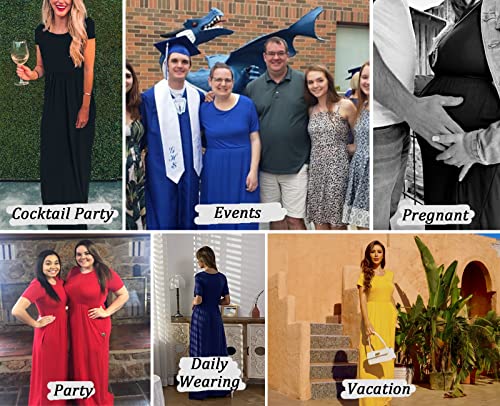 Image of AUOMITH Women Summer Short Sleeve Navy Blue Maxi Dress Pleated Loose Plain Round Neck Casual Empire High Waisted Party Long Dress with Pockets XX-Large