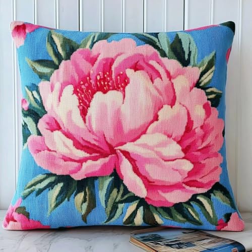 Taxpy Kit de alfombra de gancho de pestillo, Flor de peonía rosa cojín de hilo de ganchillo para decoración del hogar, kit de manualidades de gancho de pestillo para adultos,43x43cm