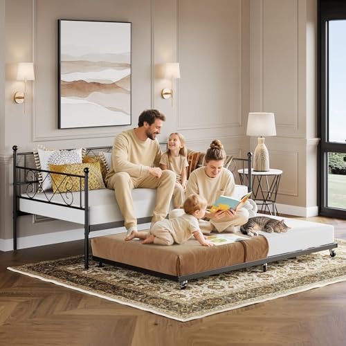 GarveeHome Twin Metal Daybed with Trundle, Premium Steel Slat Support, Space Saving Trundle Sofa Bed for Living Room, Bedroom and Guest Room, Black Black. with Trundle