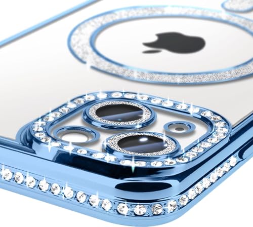 Image of DIZORO Compatible with (iPhone 15 Case) Clear Luxury Diamond Glitter Case |Camera Lens Protector with Glitter Ring | Premium Shockproof Glossy Shiny Back Cover Case for Girls Women -Blue