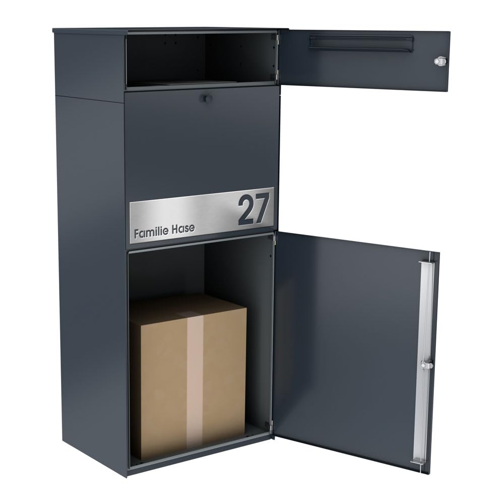 KNOBLOCH Briefkasten mit Paketbox KNOBOX PRO 11 - mit Gravur personalisiert, XXL Paketkasten, rostfrei wetterfest, Anthrazit RAL7016
