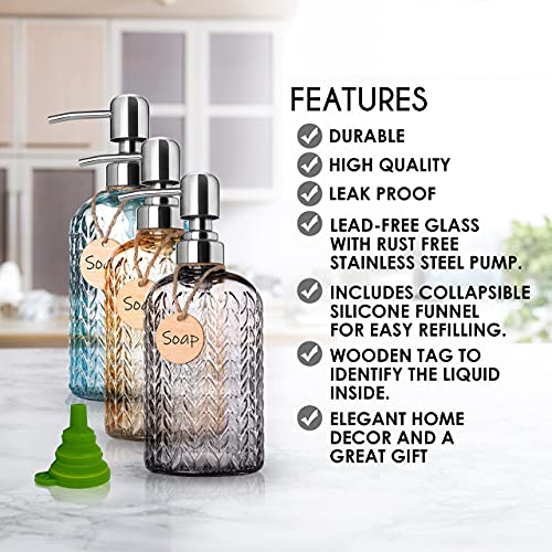 Image of Florre Hand Soap Dispenser Bathroom - Kitchen Glass Sanitizer Bottle with Stainless Steel Pump and Silicone Funnel Set Ideal for Hand Soap, Liquid Sink Dish Soap, Lotion, Oils - 15 Ounce (Oz) (Multi)