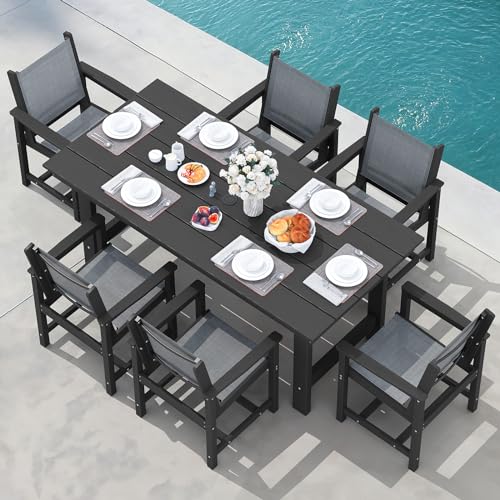 Image of SERWALL 7 Pcs HDPE Patio Dining Set with 1 Table & 6 Woven Chairs, Gray | HDPE Outdoor Dining Set with Rectangular Table & 6 Woven Chairs, All-Weather Patio Dining Furniture