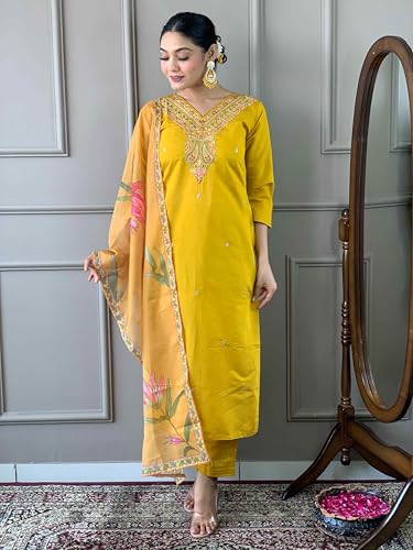 Image of Shiv Textiles Cotton Blend Solid Regular Kurta Sets for Women (JDA-Gauri-Yellow-S