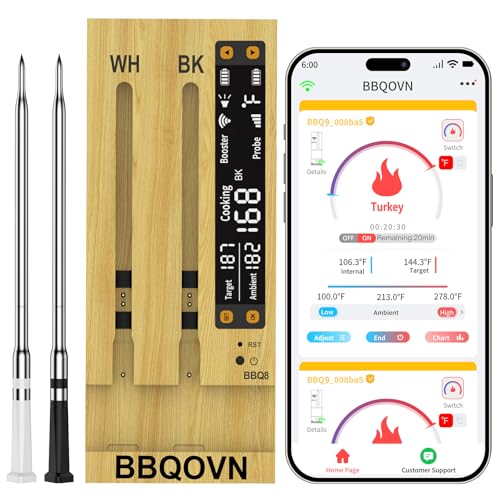 BBQOVN WiFi Sub-1G Wireless Meat Thermometer Unlimited Range 7 NIST Certified Sensors with Ambient Temp 2 Temp Monitoring Ways Digital Smart Base and App for BBQ, Smoker, Grill, Oven (2, black, small)