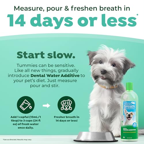 TropiClean Fresh Breath Water Additive for Dogs, Dog Breath Freshener and Teeth Cleaning Solution, No Toothpaste or Toothbrush Required, 33.8oz.