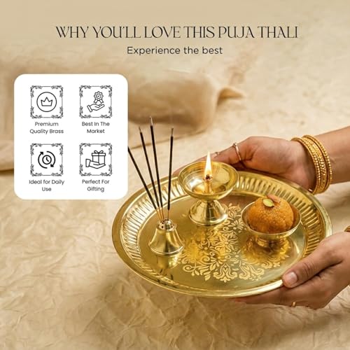 Image of Ekhasa 100% Pure Brass Pooja Thali Set | Puja Thali Set for Home Or Gifting | Brass Aarti Thali for Pooja, Mandir, Wedding, Festivals | Pital Pooja Set Items for Home Decorative | Peetal Plate