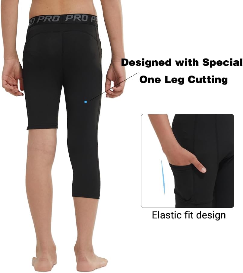 2 Pack Boys One Leg Compression Tights Youth 3/4 Football Pants Basketball Capri Leggings Athletic Baselayer Kids - Image 4