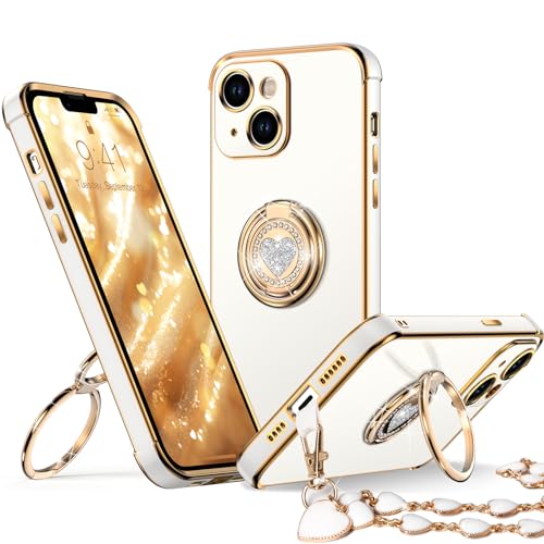 Image of XYZ for iPhone 14 Back Cover Case with Stand, Phone Case with Double Ring Kickstand, for Girls Women, Luxury Cute Bling Protective Phone Cover Case for iPhone 14, White | Double Ring Holder, Cute Love-Heart, Phone Chain Wristlet, Wrist Strap, Women Girls Bling Luxury Protective Case, White