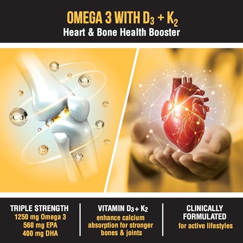 Image of Fish Oil 1250mg with Vitamin D3 & K2, 90 Softgels | 3X Triple Strength 560mg EPA & 400mg DHA | Supports Heart, Bone Health, Brain & Immunity | Easy to Swallow Small Pills | Non-GMO, Burpless Anti-Reflux, No Heavy Metals