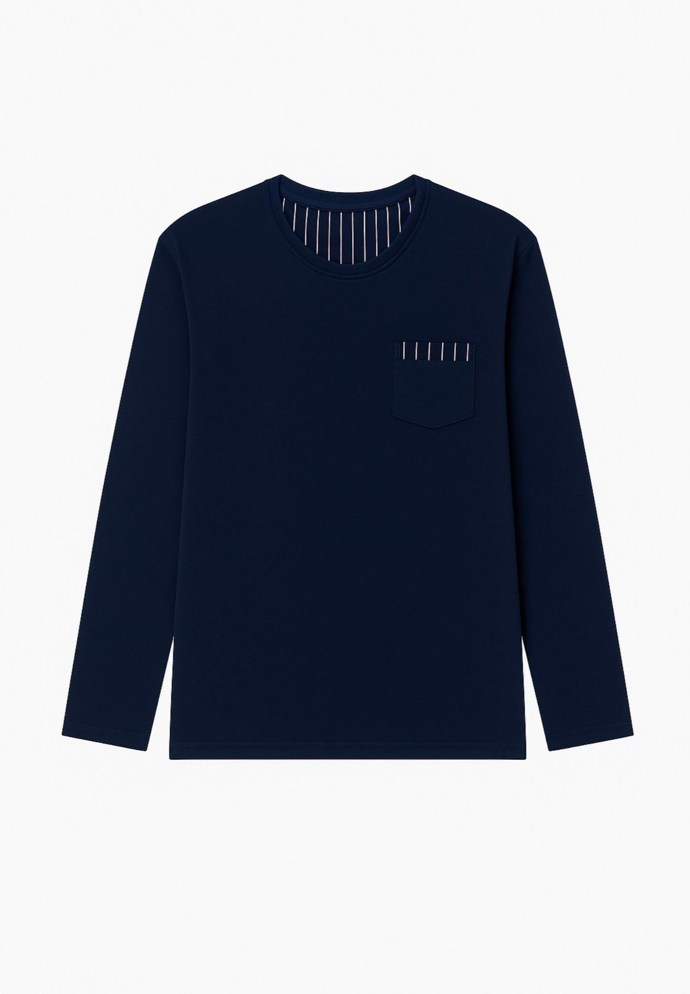 YAMAMAY - Pigiama Lungo, Uomo, Blu Notte, 100% Cotton, Maglia in Jersey di Cotone. Pantalone in Tela di Cotone Tinto Filo, Righe