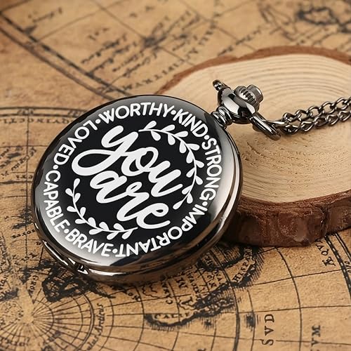 Image of Vintage Gandhi Style Pocket Watch with Engraved Designs & Messages Royal Black Analog for Men Women & Kids Includes Key Ring for car or Bike Keys Ideal Gift