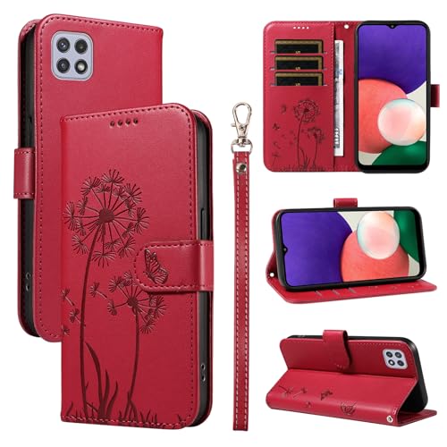 Bravoday Cover per Samsung Galaxy A22 5G, Custodia in PU Pelle Portafoglio Flip Schede con Slot per Carte, Magnetica Antiurto Cover per Galaxy A22 5G, Rosso